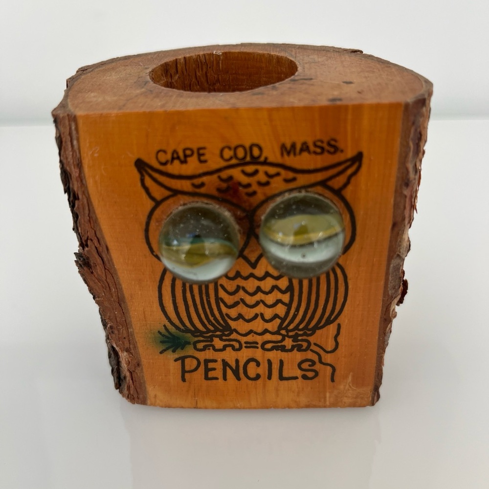Vintage Owl Tree Trunk Wood Pencil Holder With Marble Eyes Cape Cod Mass